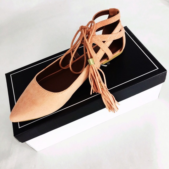 Qupid Pink Pointy Toe Lace Up Ballet Flats Sandals - Picture 2 of 4